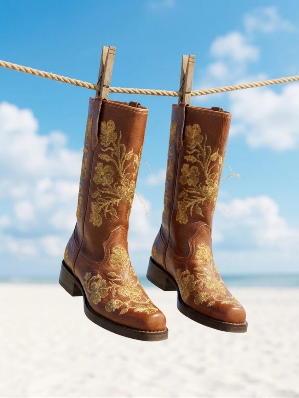 Beverly Feldman Embroidered Guancho Boots Sz 38 Tan Calf Bronze Embroidery Rodeo